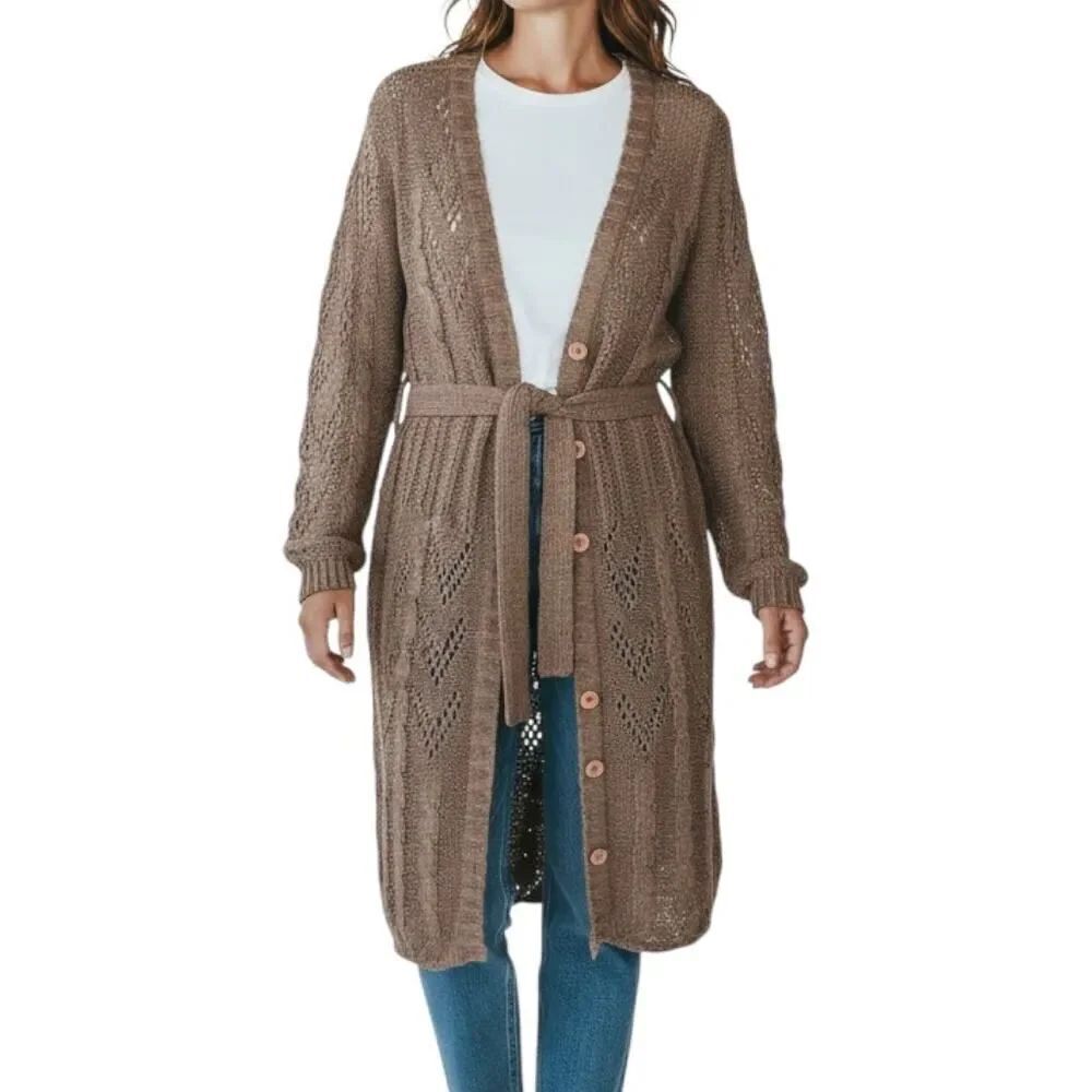 BCBGMaxAzria Duster Cardigan Sweater Brown Belted Buttons Womens M